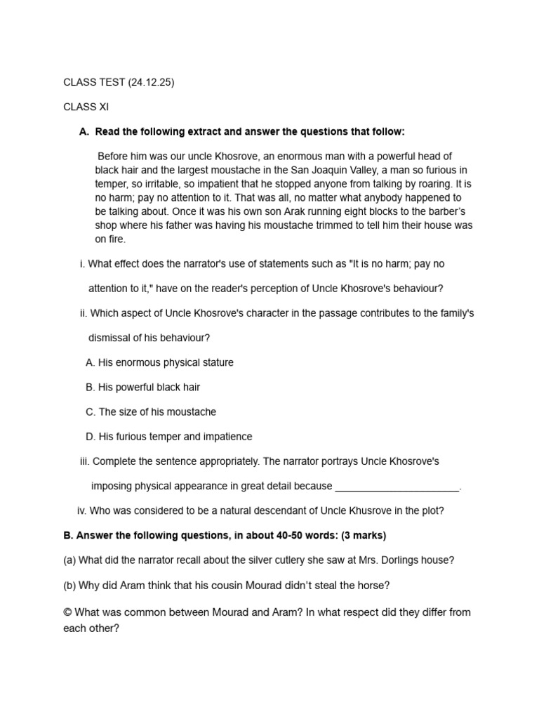 Class XI Test: Uncle Khosrove Analysis | PDF