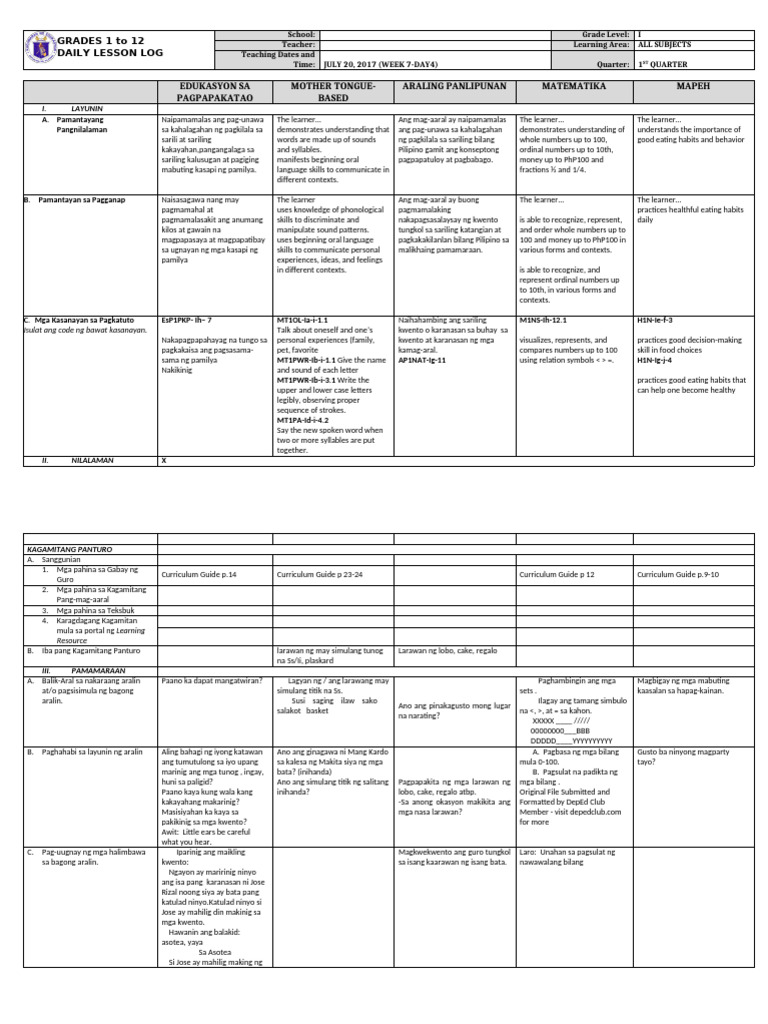 Grade 1 DLL All Subjects Q1 Week 7 Day 4 | PDF