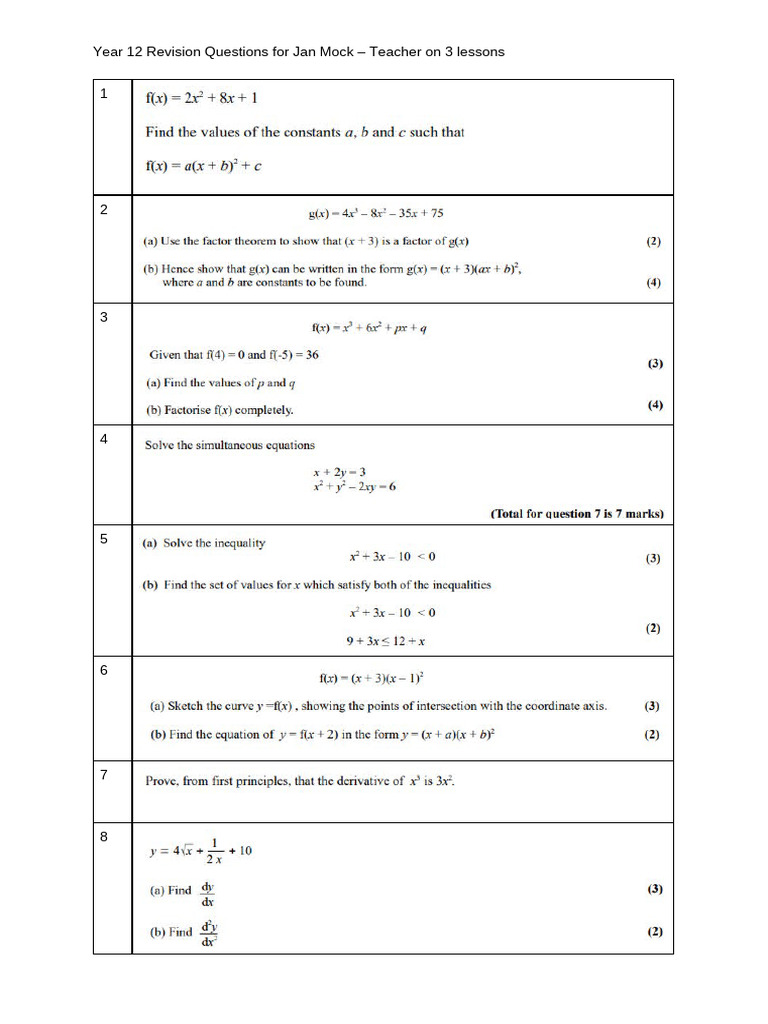 Year 12 Mock Exam Revision Questions | PDF