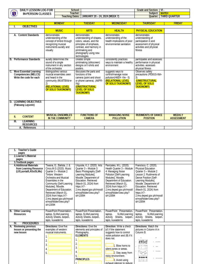 Daily MAPEH Lesson Plan for Grade VI | PDF