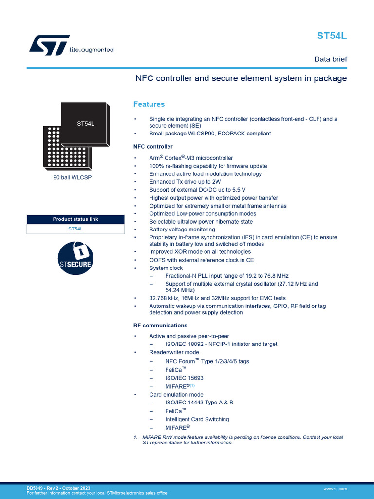 ST54L NFC Controller & Secure Element | PDF | Central Processing Unit ...