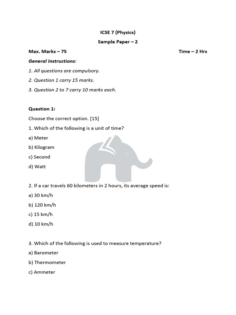 Class 7 ICSE Physics Sample Paper 2 | PDF | Hertz | Electric Current