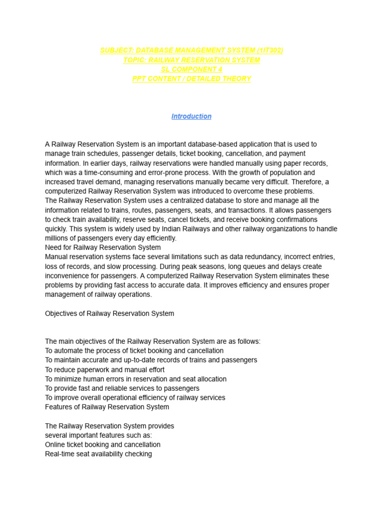 Railway Reservation System Overview | PDF | Databases | Train