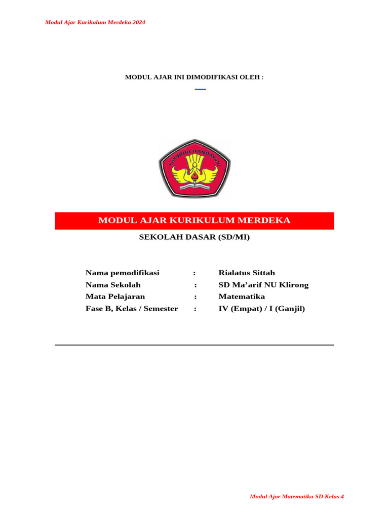 Modul Ajar Matematika Kelas 4 SD 2024 | PDF