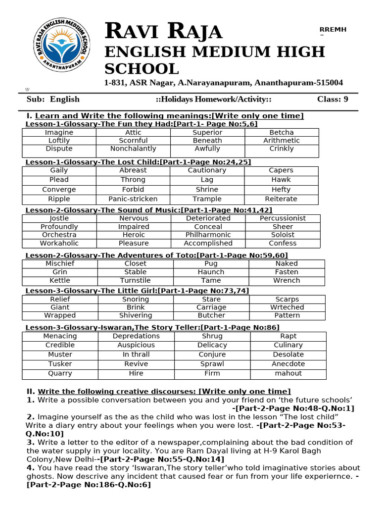 Class 9 & 8 English Holiday Homework | PDF