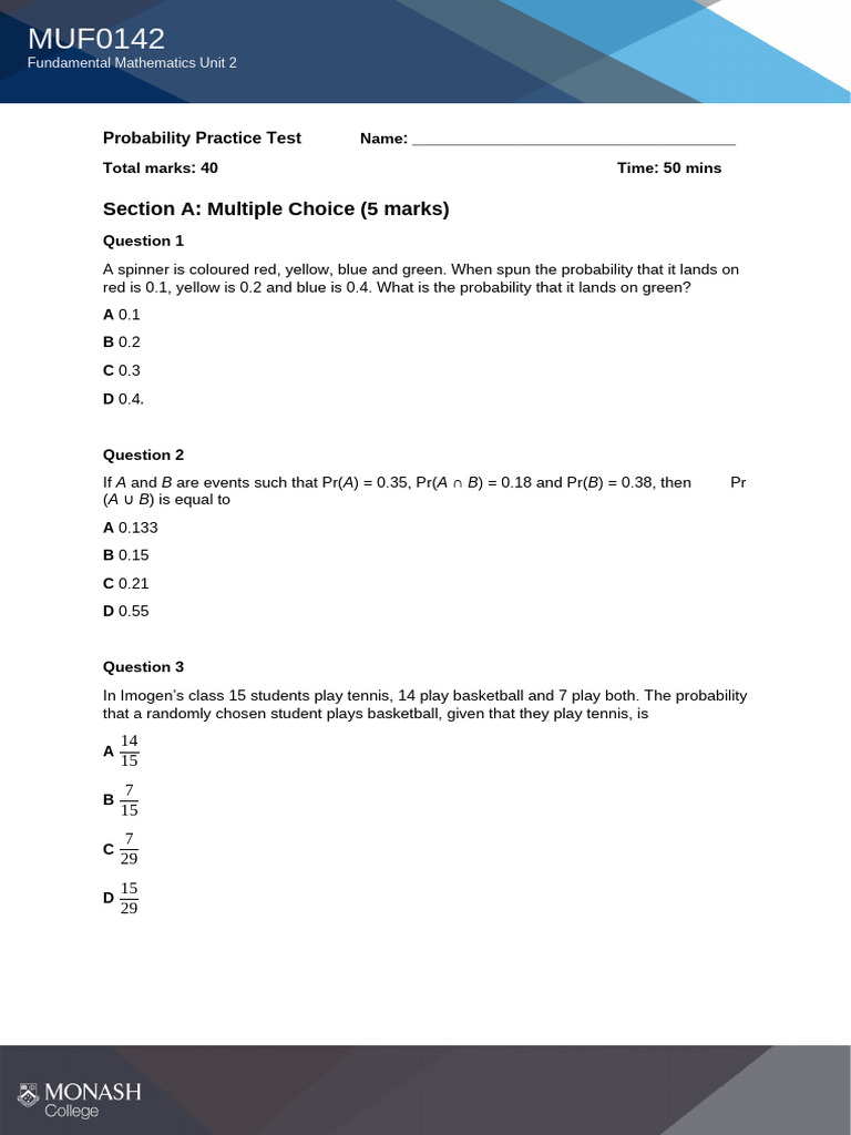 Probability Practice Test for Unit 2 | PDF | Probability | Mathematics