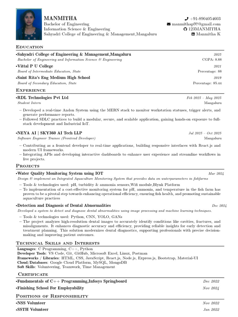 Manmitha K: Engineering Student Profile | PDF