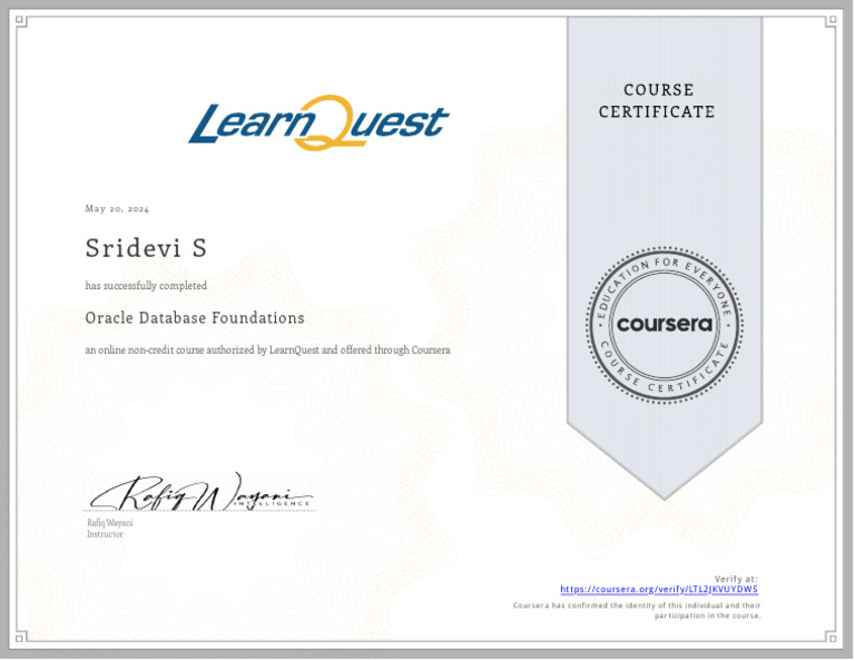 Oracle Database Foundations Course Completion | PDF