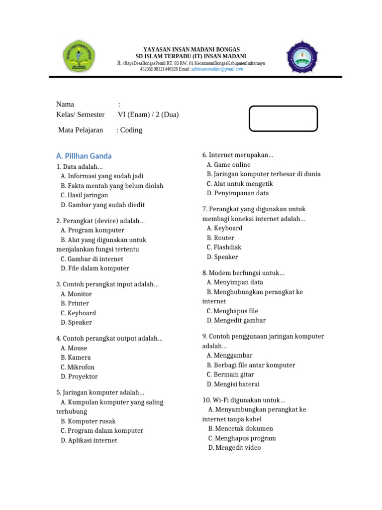 Soal Coding untuk Siswa SD Insan Madani | PDF