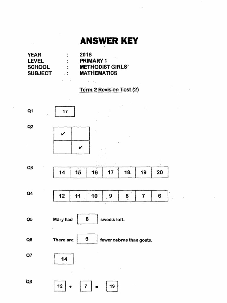 P1 Maths 2016 MGS Key | PDF
