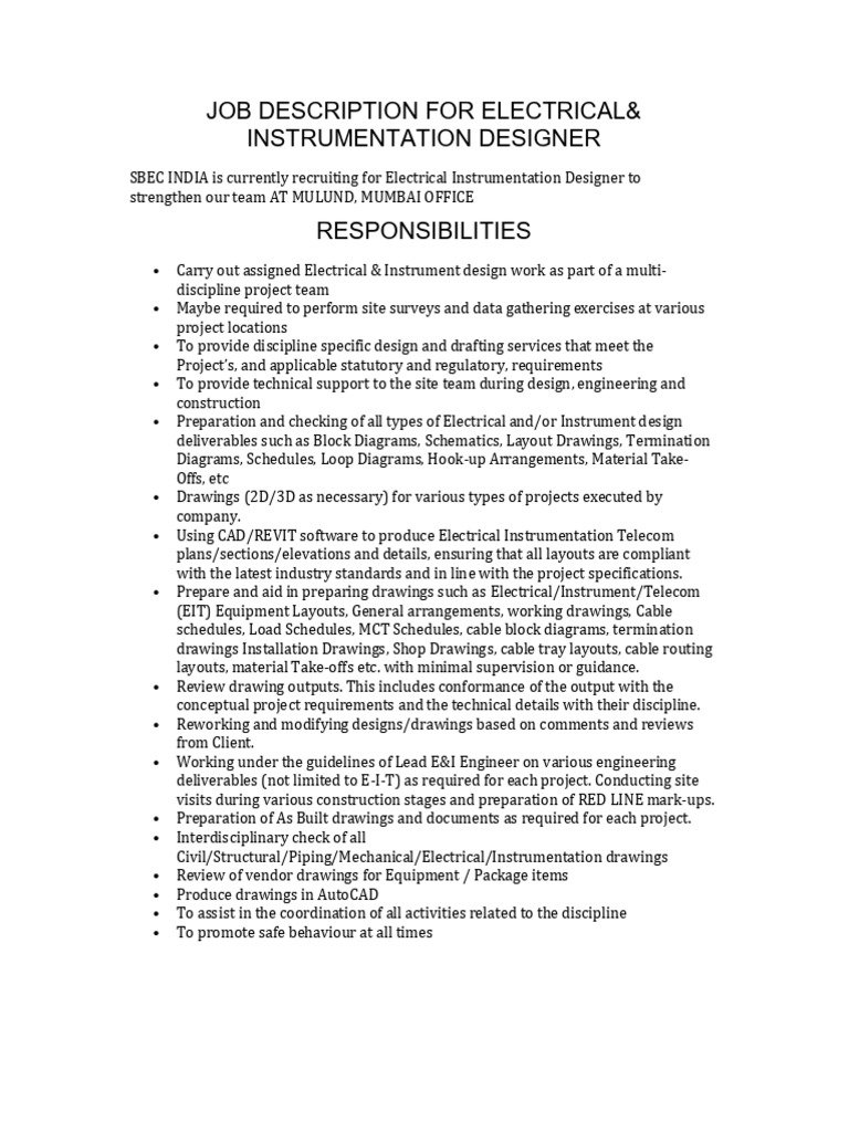 Electrical Instrumentation Designer Job | PDF | Engineering