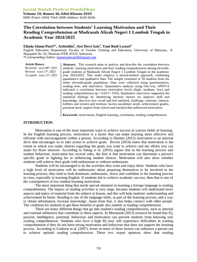 Motivation and Reading Comprehension Correlation | PDF | P Value ...