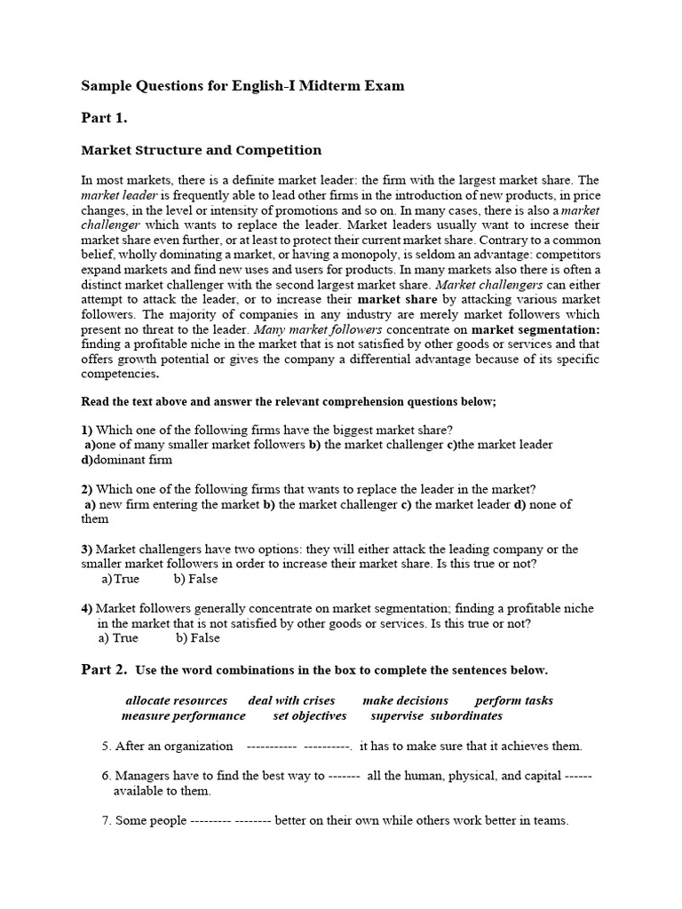 Sample Questions for English-I Midterm Exam | PDF | Market (Economics ...