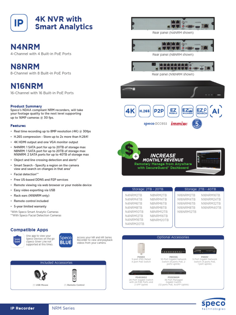 4K NVR with Smart Analytics Features | PDF | Usb | Hdmi