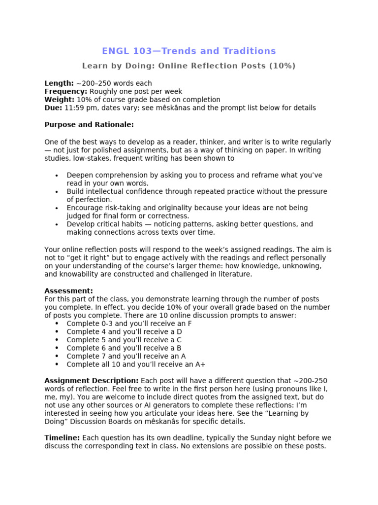 Online Reflection Posts for ENGL 103 | PDF | Reading Comprehension