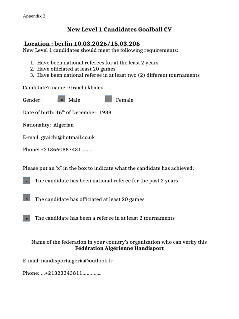 Goalball Level 1 Candidate CV - Graichi Khaled | PDF