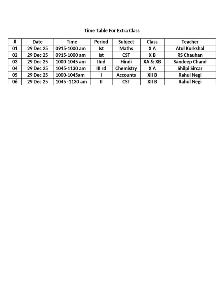 Extra Class Timetable for Students | PDF