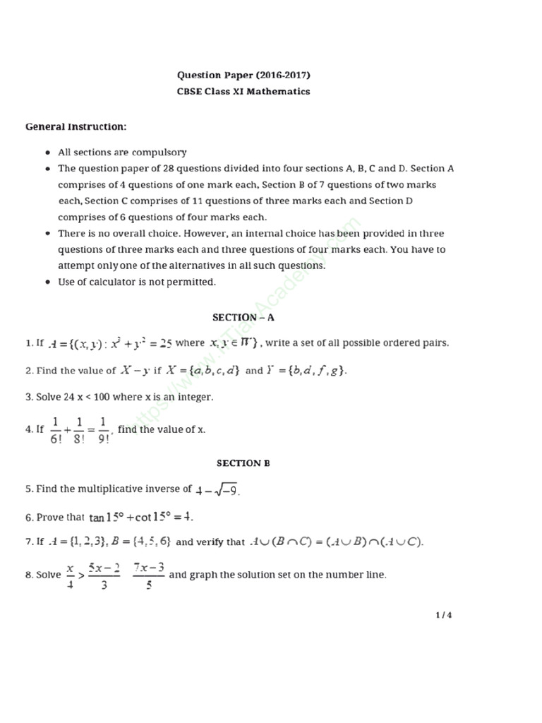 Class11 Mathematics CBSE Class 11 Maths Previous Year Question Paper ...