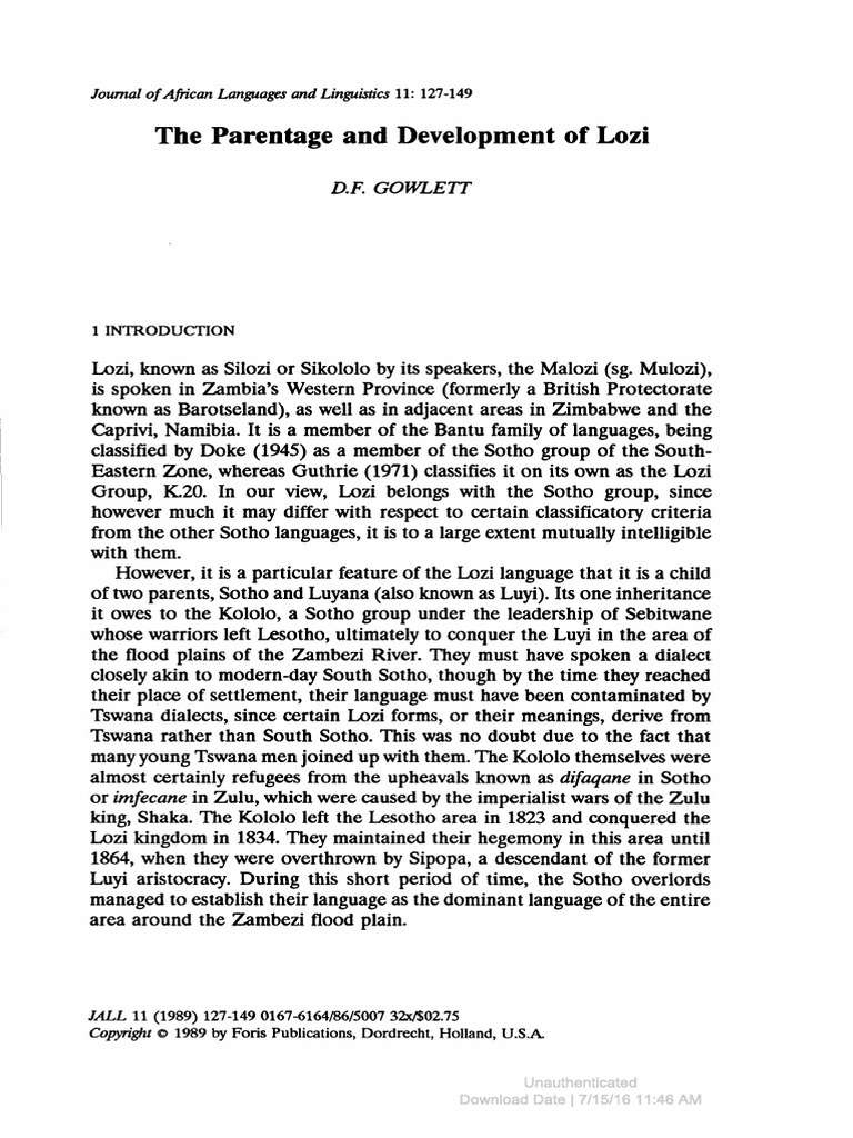 The Parentage and Development of Lozi | PDF | Consonant | Tone ...