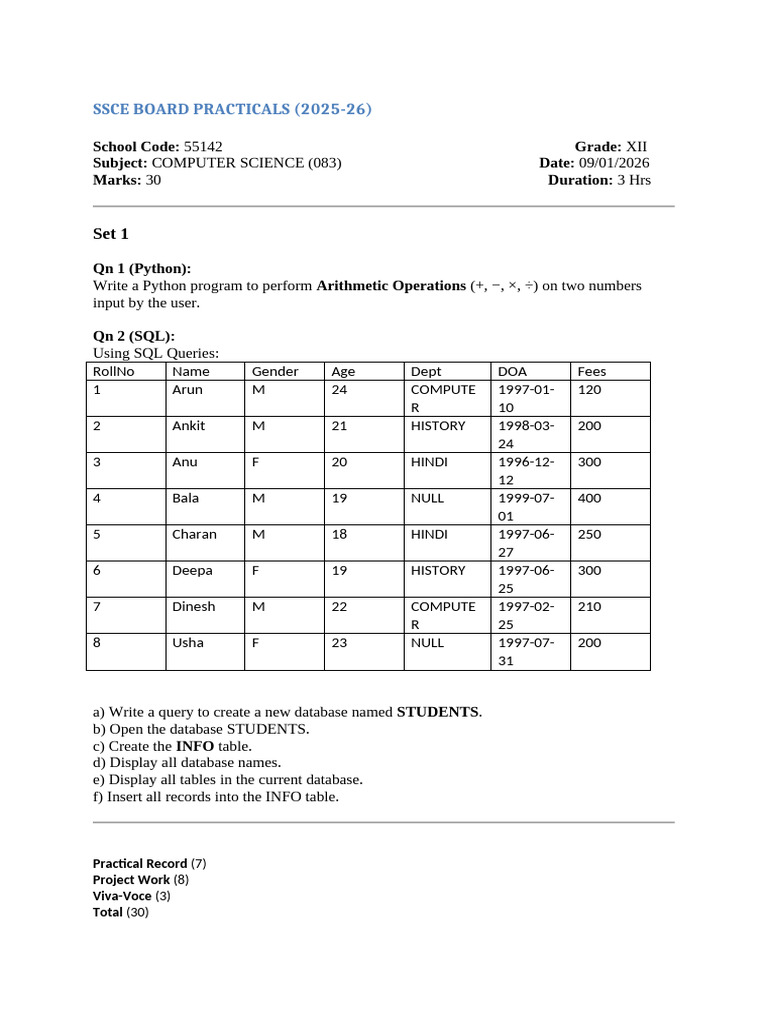 SSCE Computer Science Practicals 2025-26 | PDF | Sql | Databases