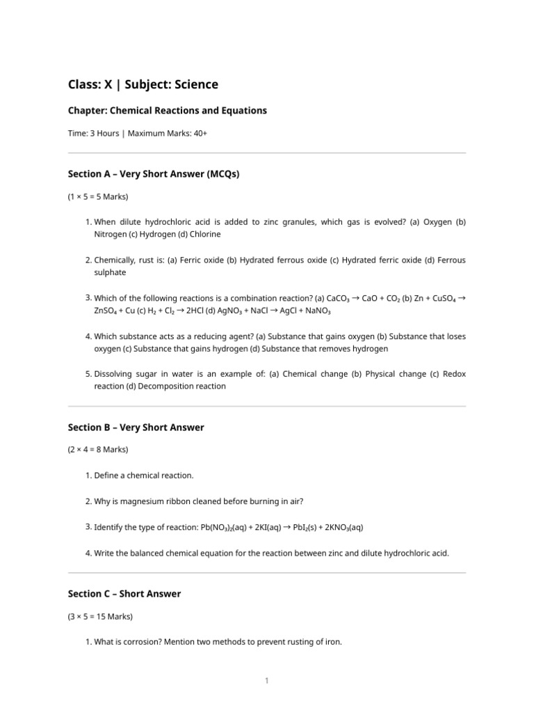 Chemical Reactions: Class X Science Guide | PDF | Chemical Reactions ...