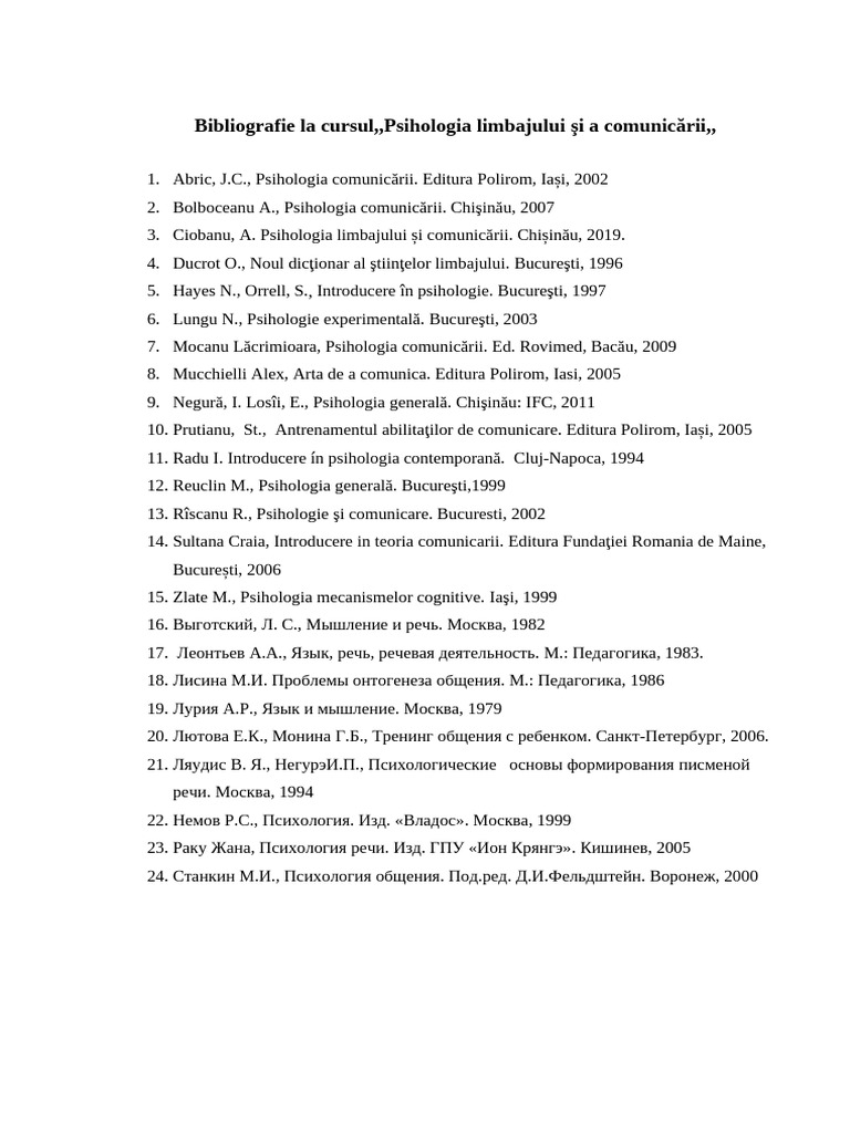 Bibliografie La Cursul Psihologia Limbajului, Comunic. | PDF