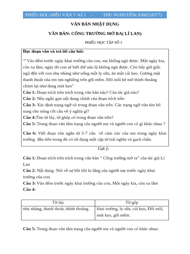 A.phiếu Đọc Hiểu 7 Kì 1 | PDF