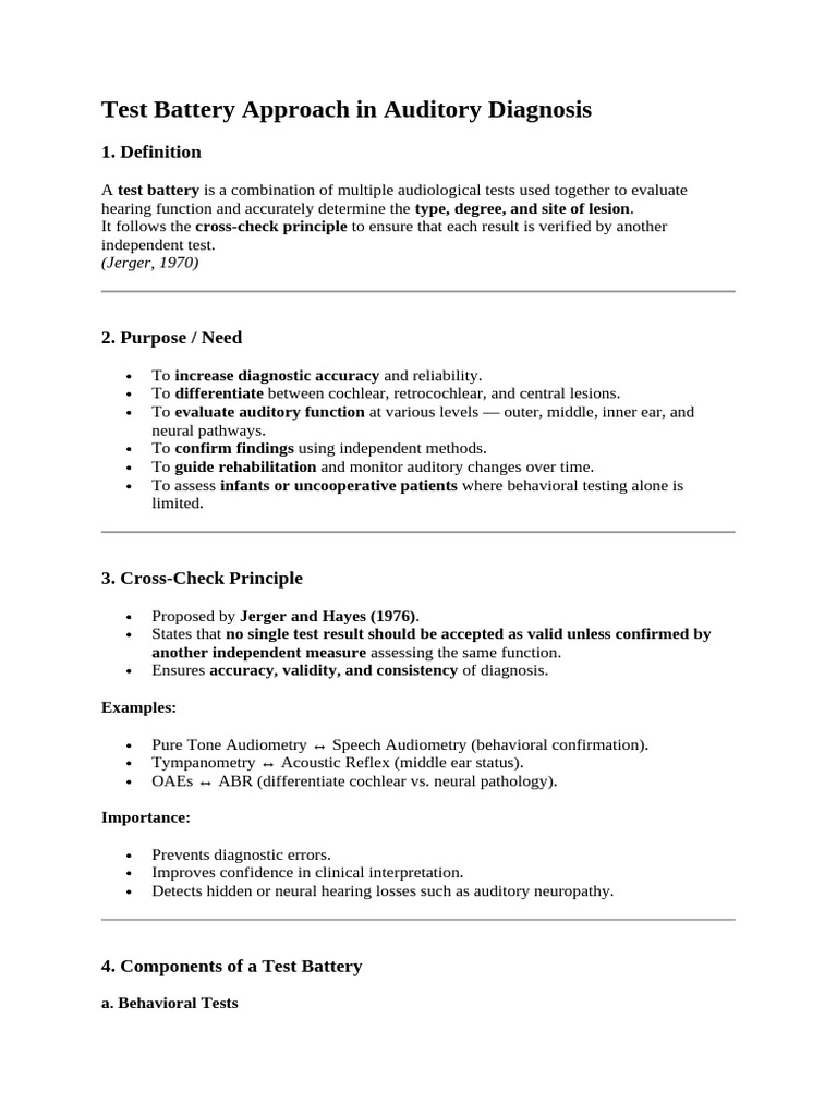 Test Battery in Auditory Diagnosis | PDF | Hearing | Clinical Medicine
