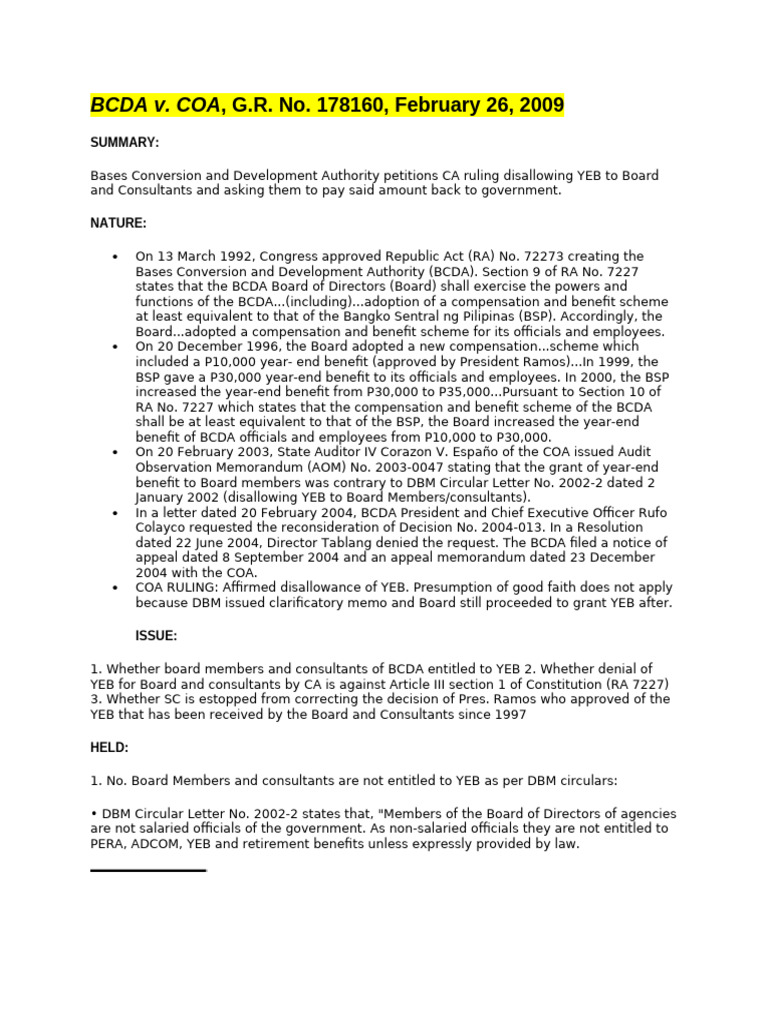 BCDA v COA | PDF | Per Diem | Salary