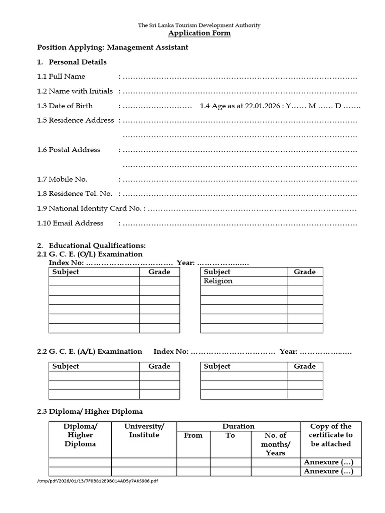 Sri Lanka Tourism Management Assistant Application | PDF | Diploma ...
