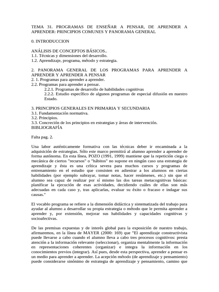 Programas para Aprender a Pensar y Aprender | PDF | Aprendizaje ...