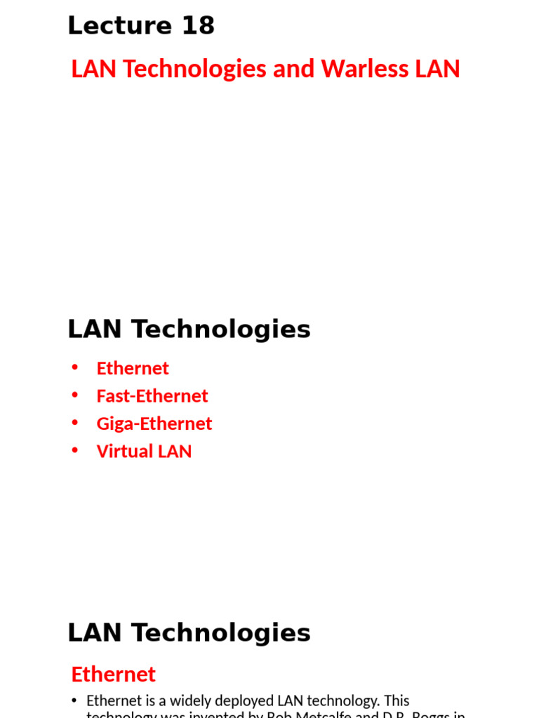 Lecture-18 LAN Technologies and Wireless LAN | PDF | Ethernet | Local ...