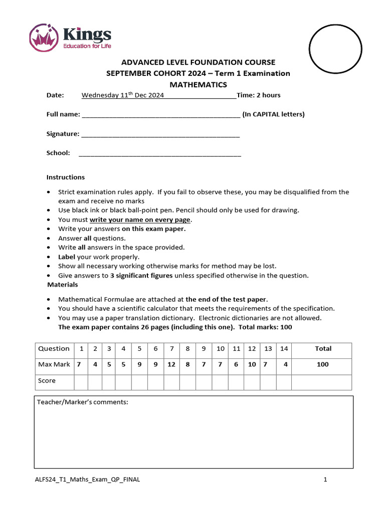 Maths Exam Paper - Term 1 2024 | PDF | Equations | Mathematics