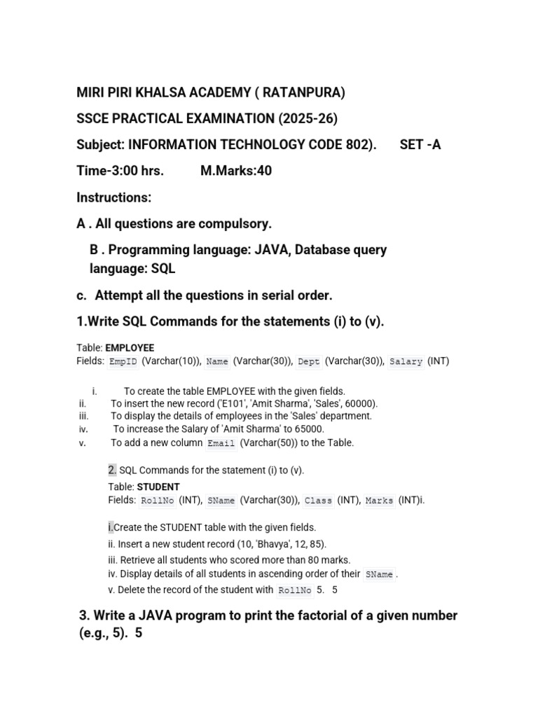 IT Practical Exam 2025-26: SQL & Java | PDF