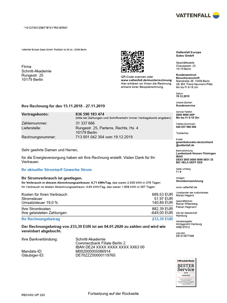 2019 Vattenfall Stromrechnung 11 | PDF