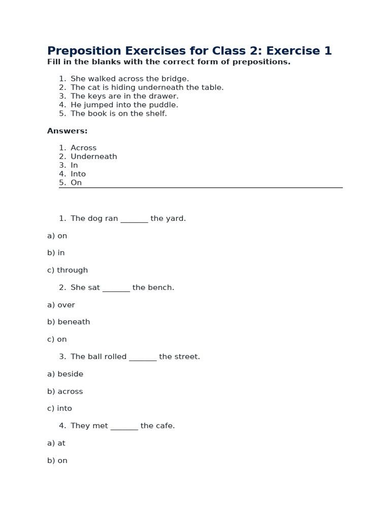 Preposition Exercises for Grade 2 | PDF