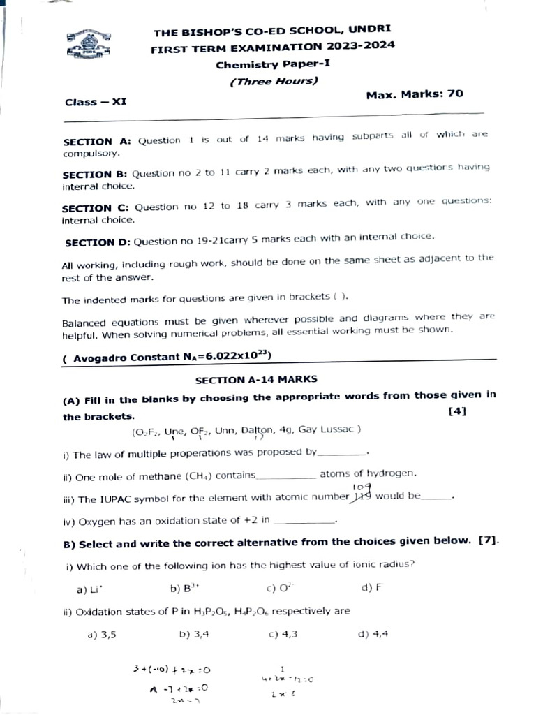 Chemistry Exam Paper Class XI 2023-24 | PDF | Redox | Mole (Unit)