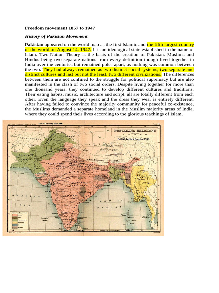 Pakistan Movement Overview (1857-1947) | PDF | All India Muslim League ...