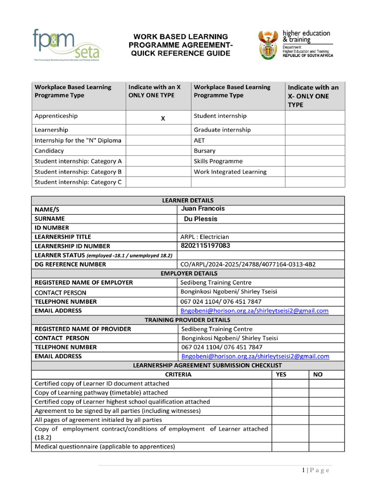 SETA Workplace Based Generic Learning Programme Agreement - 2019 ...