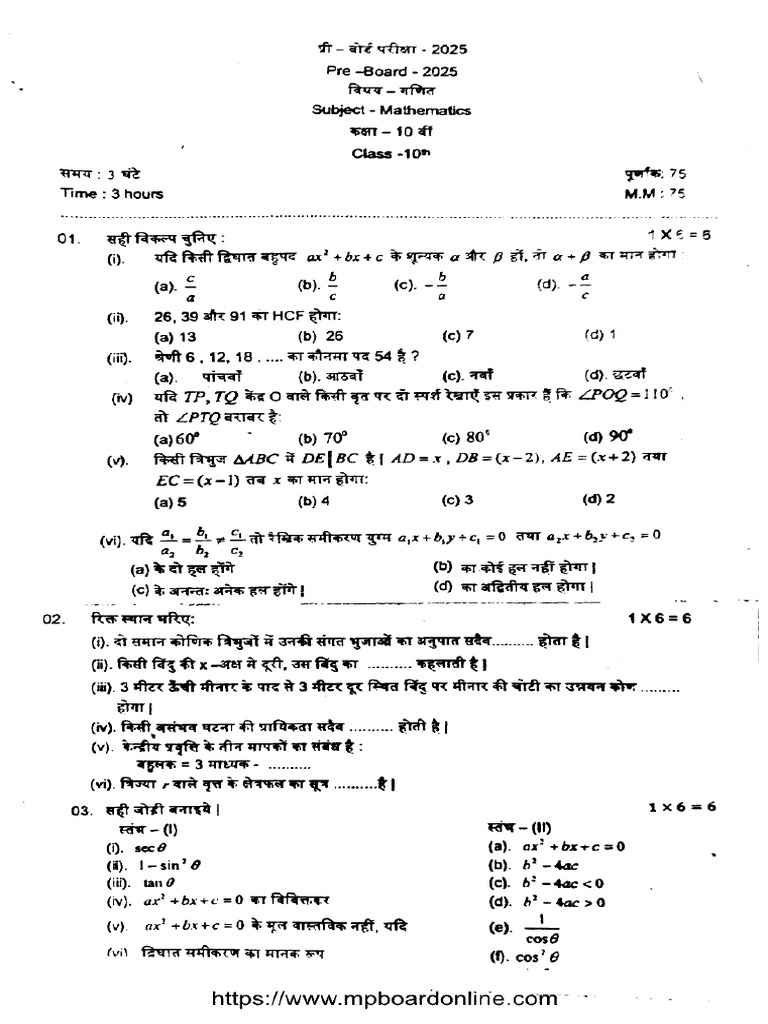 MP Board Class 10 PB Mathematics 180425 2025 | PDF