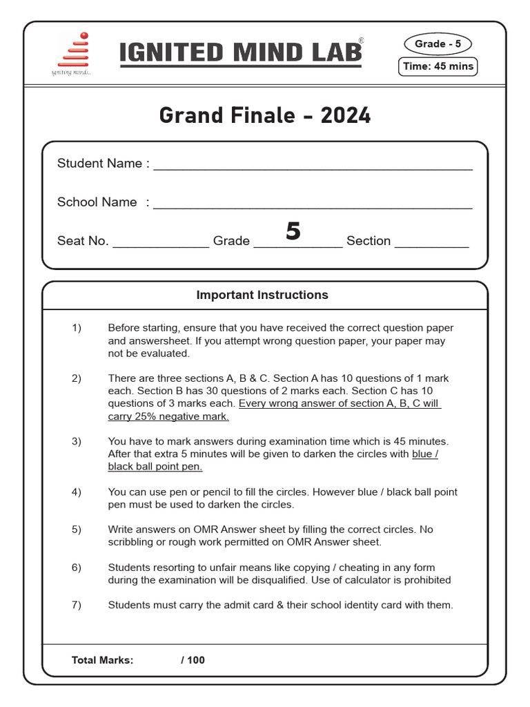 Grade 5 Grand Finale Exam Paper 2024 | PDF | Arithmetic