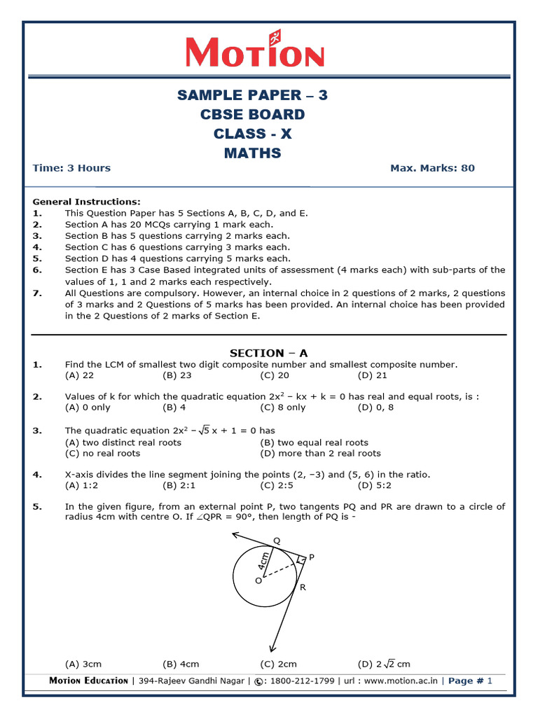 CBSE Class 10 Sample Paper 3 Maths | PDF | Circle | Defender ...