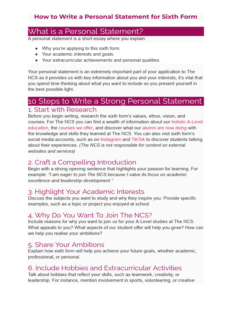 Writing a Sixth Form Personal Statement | PDF | Learning | Cognition