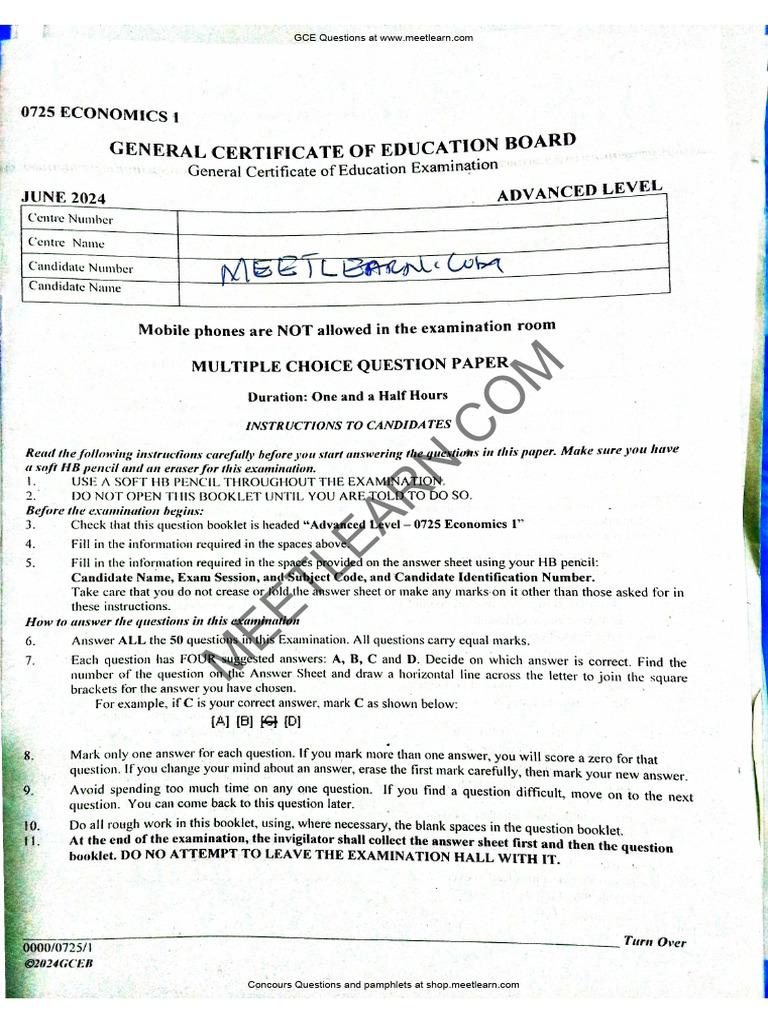 GCE a Level 2024 MeetLearn Economics Paper 1 | PDF