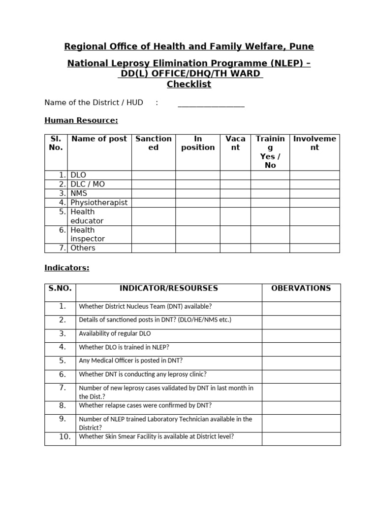NLEP District Checklist for Health Officials | PDF | Leprosy | Medical ...