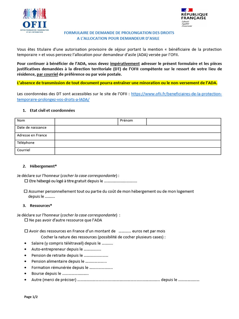 Demande de prolongation ADA pour asilés | PDF