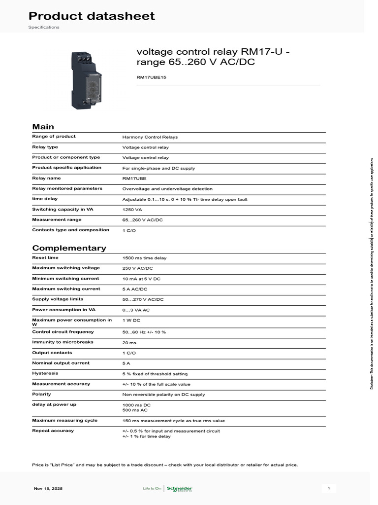 RM17-U Voltage Control Relay Specs | PDF | Relay | Alternating Current
