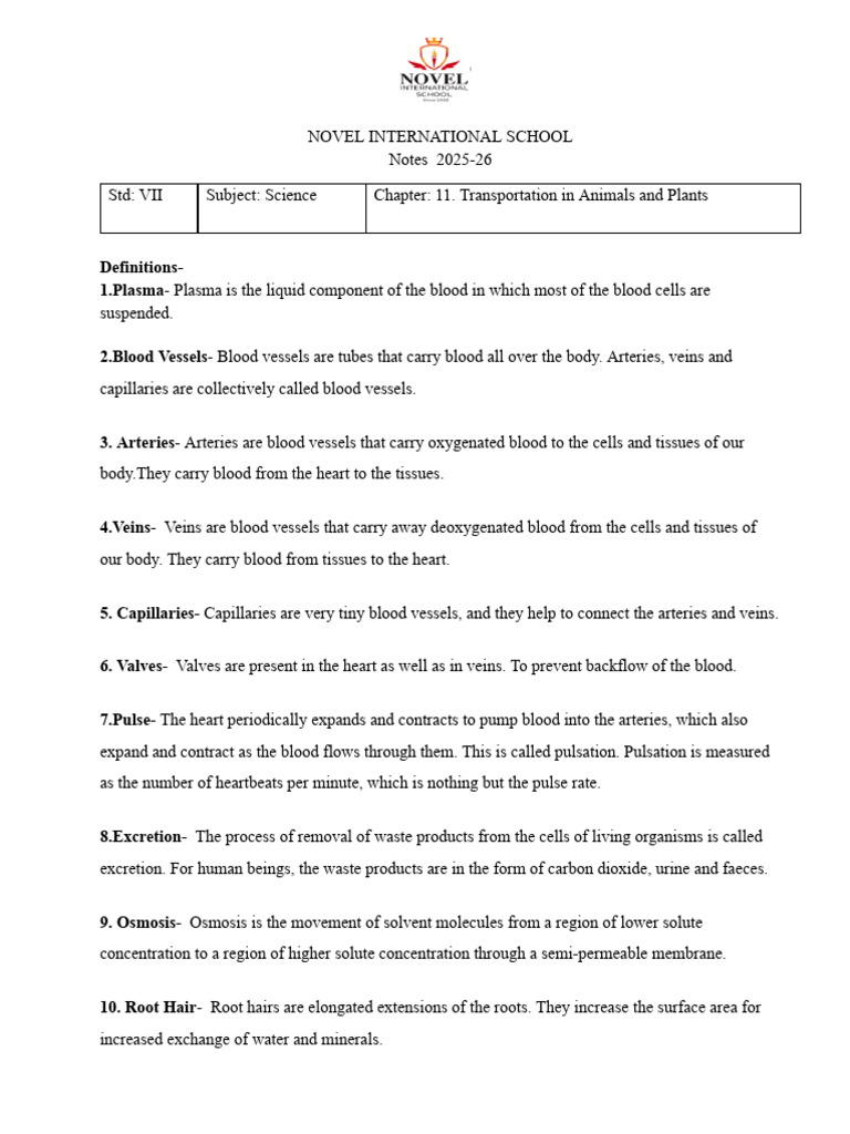 Transportation in Animals and Plants - Notes | PDF | Blood | Heart