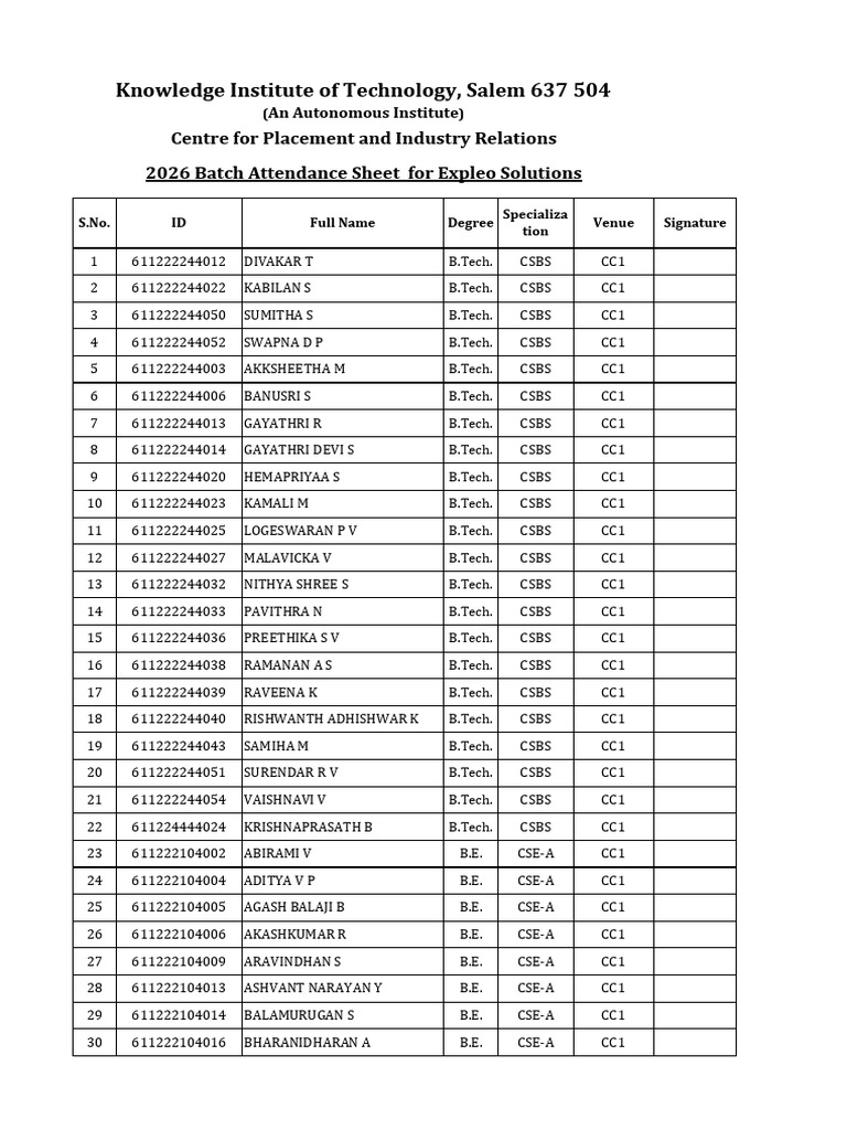 2026 Batch Attendance Sheet | PDF