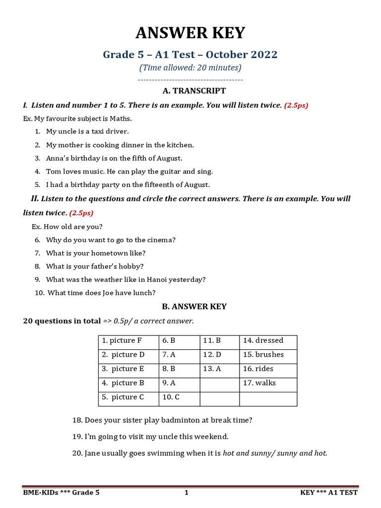 KEY A1 TEST - 20 Min - October 2022 | PDF